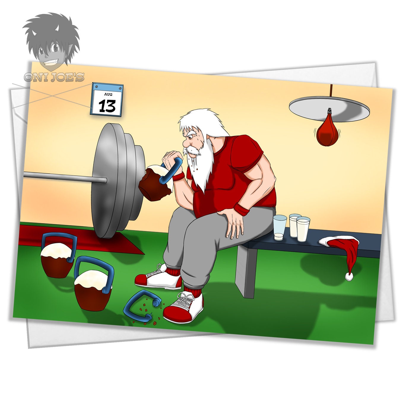 Santa's Workout Card, Blank Christmas Cards, (A5) Landscape Orientation, Original Art