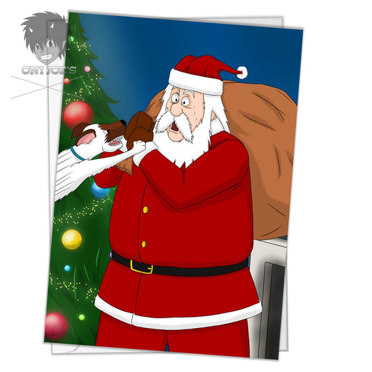 Santa's Pet Attack Card, Blank Christmas Cards, (A5) Portrait Orientation, Original Art