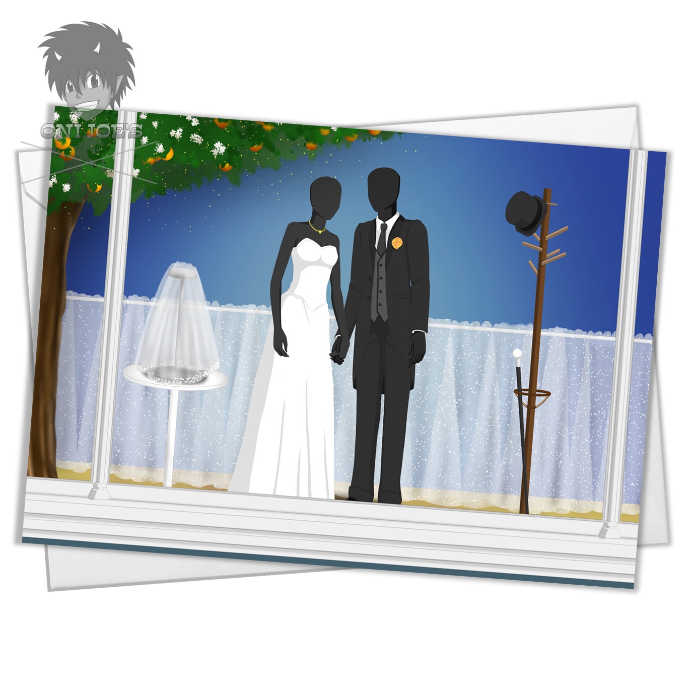 Wedding Window Couple A Card, Blank Greeting Cards, (A5) Landscape Orientation, Original Art