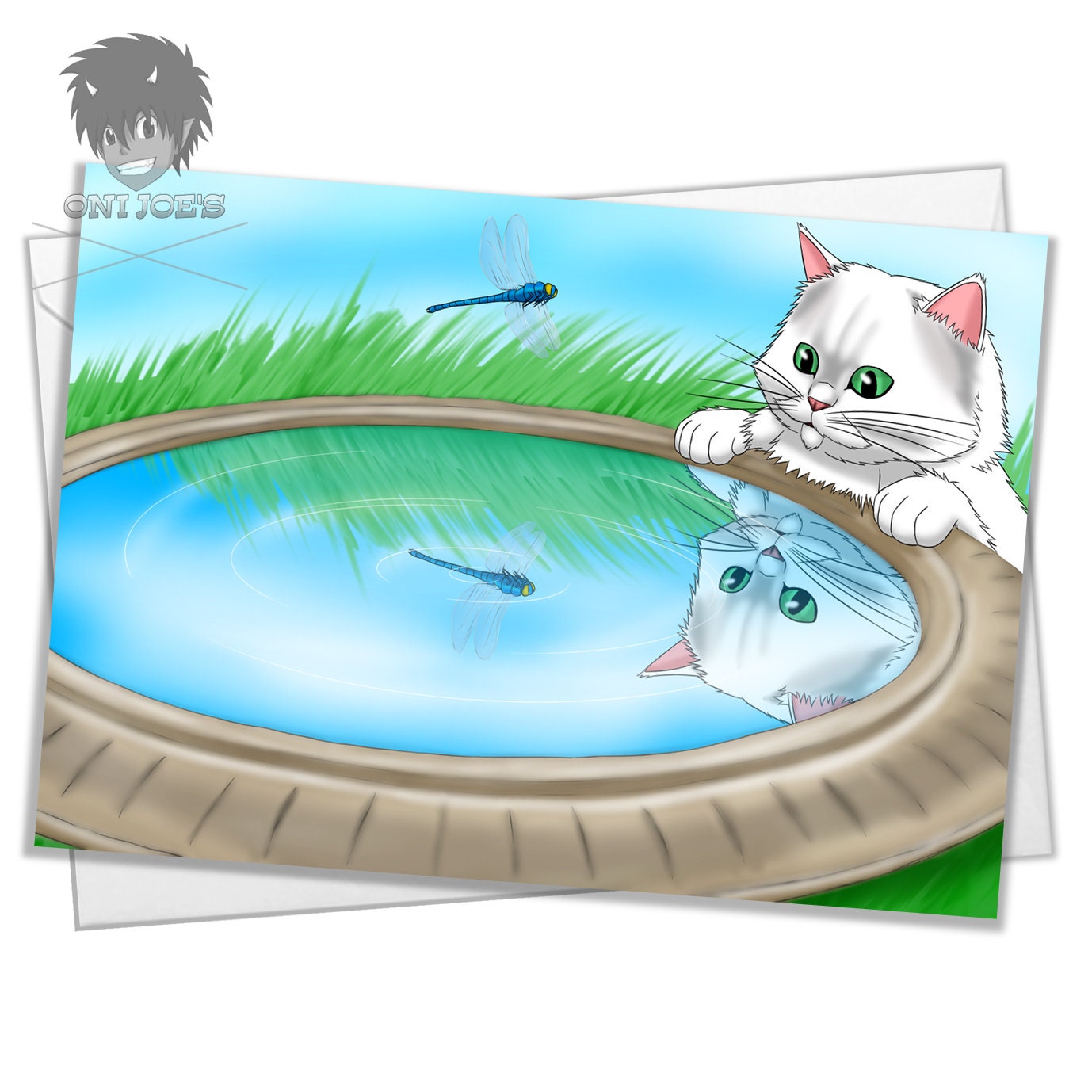 Cat's Reflection Card, Blank Greeting Cards, (A5) Landscape Orientation, Original Art