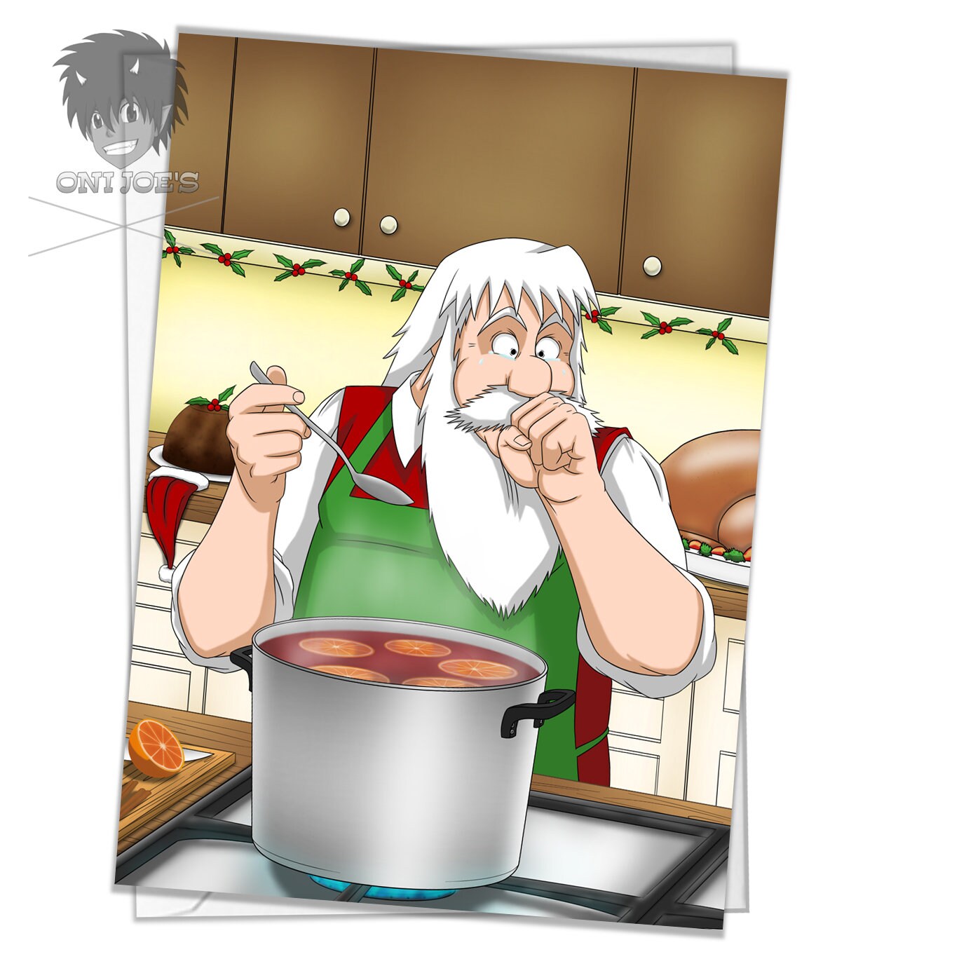 Santa's Cooking Card, Blank Christmas Cards, (A5) Portrait Orientation, Original Art