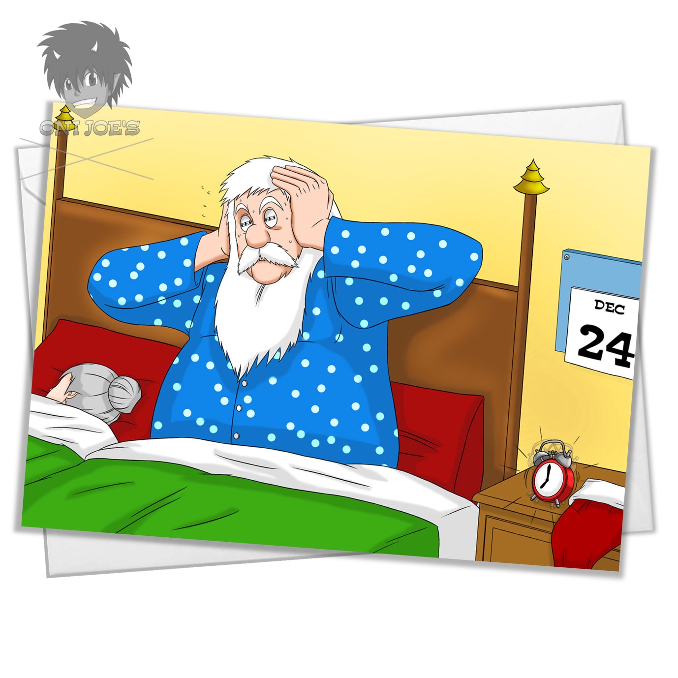 Santa's Waking Up Card, Blank Christmas Cards, (A5) Landscape Orientation, Original Art